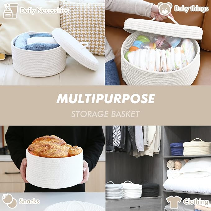 Sea Team Round Storage Basket, Woven Cotton Rope Basket with Lid, White | Decorative Knitted Storage Bin, Multi-Purpose Lidded Organizer for Closet Shelves, Nursery and Household Storage