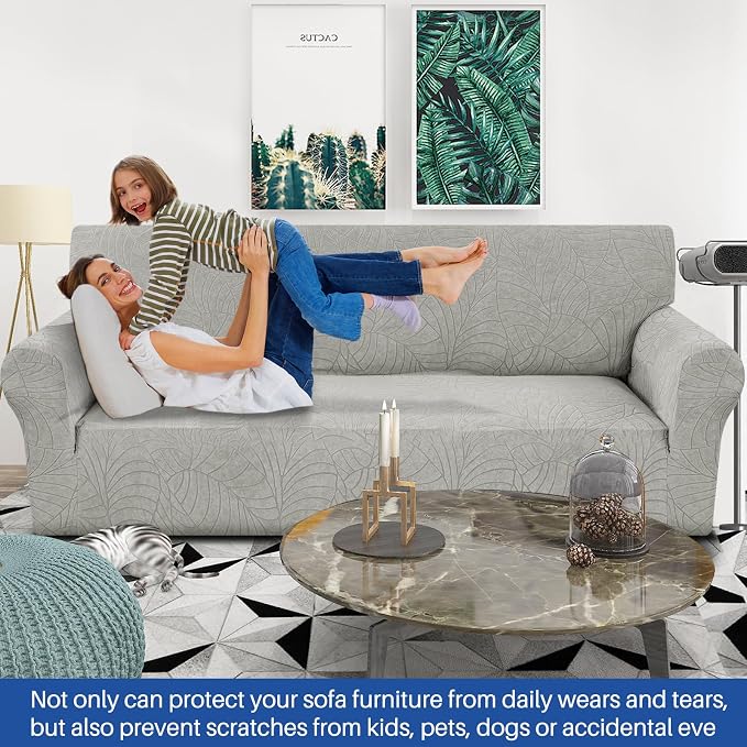 YEMYHOM Couch Cover Latest Jacquard Design High Stretch Sofa Covers for 3 Cushion Couch, Pet Dog Cat Proof Slipcover Non Slip Magic Elastic Furniture Protector (Large, Begonia Leaf Light Gray)