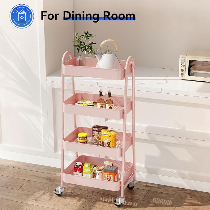OLIXIS Metal 4 Tiers Rolling Storage Utility Cart with Lockable Wheels | Mobile Organizer Shelf, Space-Saving, Freestanding, Bathroom, Living Room, Slim, Narrow Corner Spaces, Pink