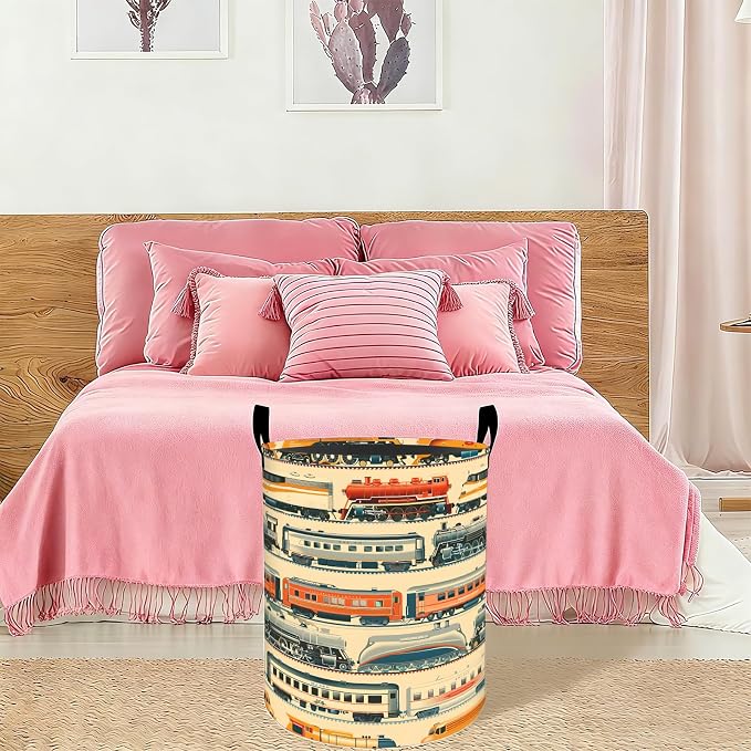 Vintage Train Laundry Basket Hamper 19.7"x15.8", Organizer Bins Gifts for Kids Boys Girls, Locomotive Railway Foldable Waterproof Oxford Clothes Storage Bucket for Bedroom Bathroom Decor