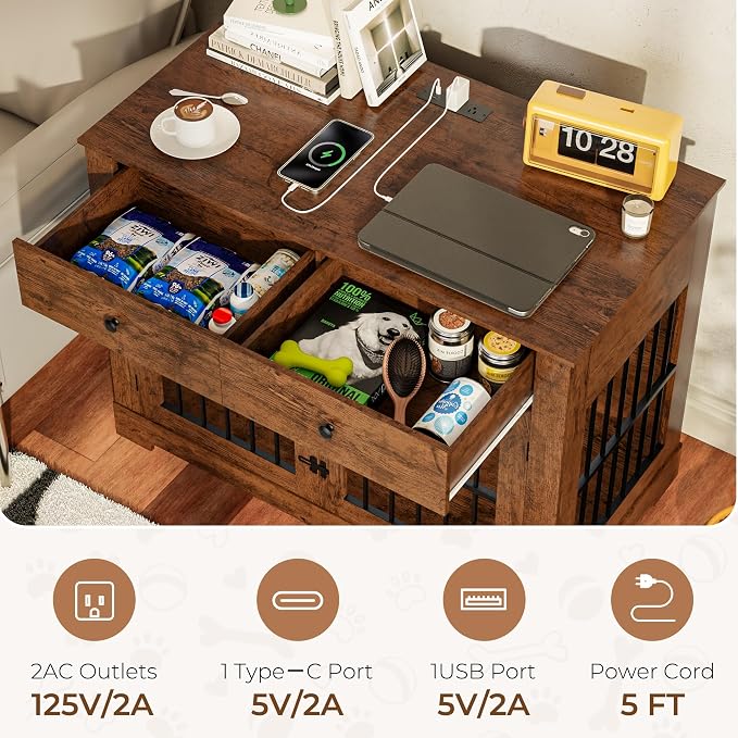 Dog Crate Furniture with Storage Dog Kennel w/2 Drawers, 44.5'' Heavy-Duty Wooden Dog House Indoor End Table Tv Stand with Charging Station Pet Cage for Small/Medium Dogs(Brown)