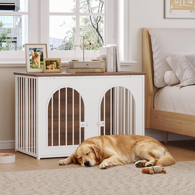 YATINEY 37.4" Dog Crate Furniture Foldable, Assembly-Free Dog Kennel | Arched Design, Collapsible Dog Crate, Dog Cage End Table, with Secure Door Lock, for Living Room, Hallway, Bedroom