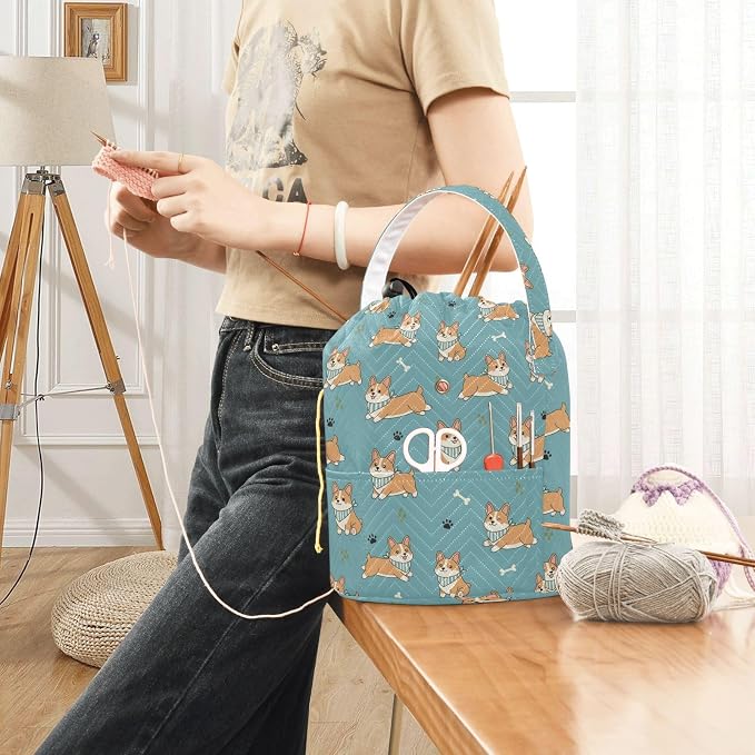 Cute Dogs Pets Blue Crochet Bag Organizer Portable Yarn Storage Yarn Holder with Drawstring Closure Crochet Accessories Knitting Bag for Knitting Kit Supplies Travel