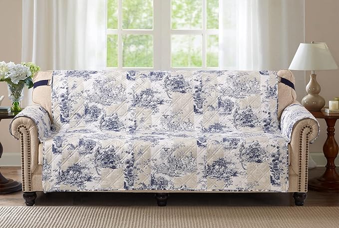 Brilliant Sunshine Blue Toile Couch Cover, Beige & Ivory Patches, 70" seat | Quilted Sofa Cover, Living Room & Bedroom Furniture Protector, Large Washable Slipcover for Pets, Dogs & Cats