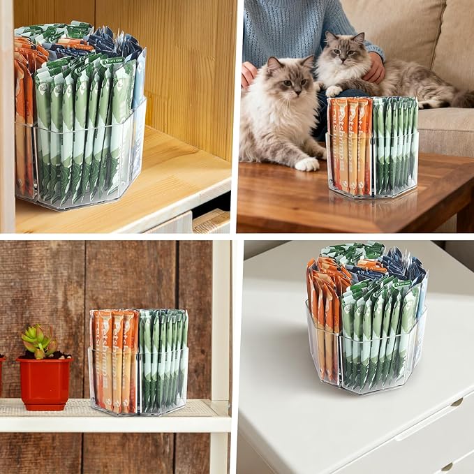 Lickable Cat Treats Organizer, Lazy susan Acrylic Squeeze Up Cat Food Storage Container, Wet Cat Treats Storage for Kitchen Cabinet Pantry Shelf Countertop(Rhombus)