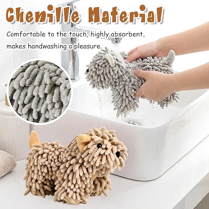 Tegeme 2 Pcs Chenille Dog Hand Towel Fuzzy Dog Towel Absorbent Microfiber Soft for Bathroom Kitchen Washstand (Grey Brown)
