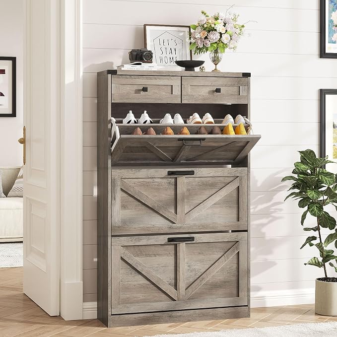 Halitaa Shoe Cabinet with 3 Flip Drawers & 2 Drawers,Freestanding Shoe Storage Cabinet for Entryway,Farmhouse Narrow Slim Organizer Rack for Foyer,Hallway,Grey