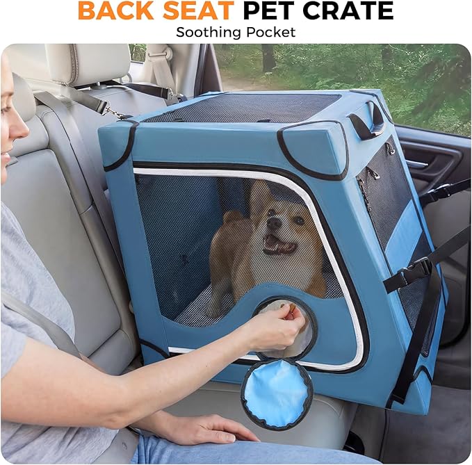 Snagle Paw Portable Dog Crate for Car Travel,Metal Frame Pet Crate,Pet Carrier for Car Back Seat Secures with Headrest Strap and Seatbelt,M