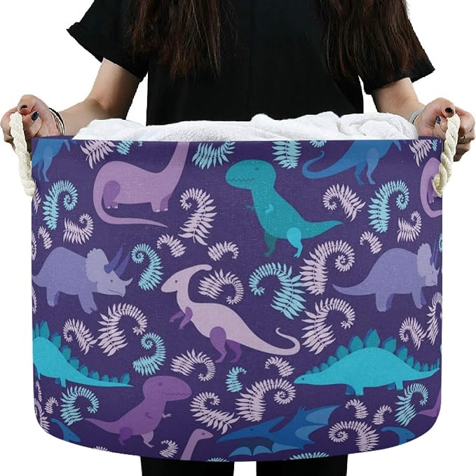 visesunny Blue And Purple Dinosaur Animal Nursery Hamper Basket Clothes Toy Storage Organizer Bin Box Collapsible Laundry Bag for Kid Room,Playroom,Bathroom,Living Room,Dorm