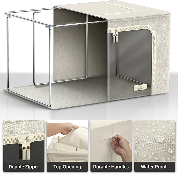 Sorbus Clothing Storage Bins with Clear Window, Metal Frame (4 Pack, Beige) | Oxford-fabric containers with carry handles stack neatly to organize bedding and linens in closets and laundry rooms.