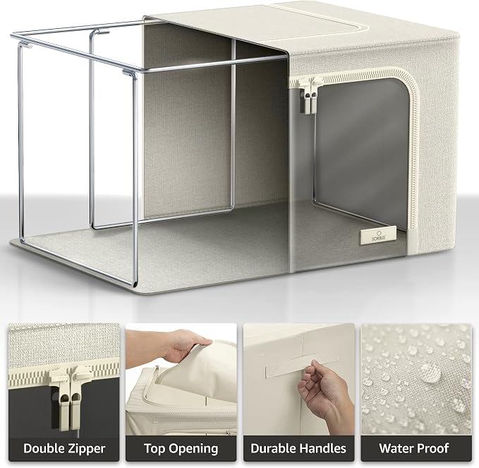 Sorbus Clothing Storage Bins with Clear Window, Metal Frame (6 Pack, Beige) | Oxford-fabric containers with carry handles stack neatly to organize bedding and linens in closets and laundry rooms.