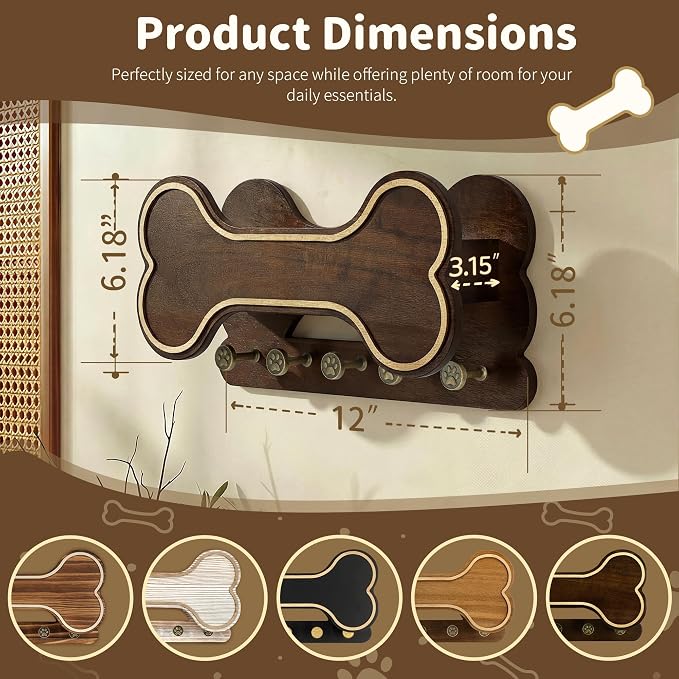 MTERSN Dog Leash Holder Wall Mount for Cute Dog Themed Decor, Dark Brown | Acacia Wood, 3D Dog Paw with Five Hooks & Display Shelf, Double-layer Dog Bone Design, Pet Accessories, Farmhouse Home Accent
