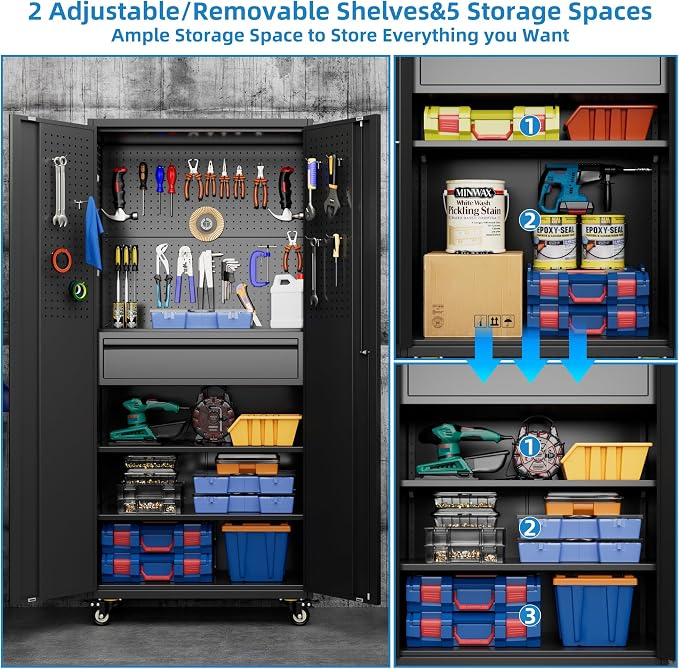 71" Rolling Metal Storage Cabinet with Lock & Pegboards, Black | 71" metal storage cabinet with 4 lockable wheels, 4 adjustable shelves, 1 drawer, and pegboards.
