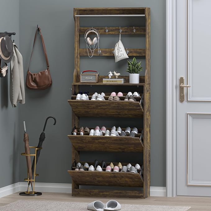 BORNOON Shoe Cabinet with 3 Flip Drawers & Coat Rack, Narrow Hidden Shoe Storage Cabinet, 2-in-1 Hall Tree Slim Freestanding Shoe Rack Organizer for Entryway, Hallway, and Living Room