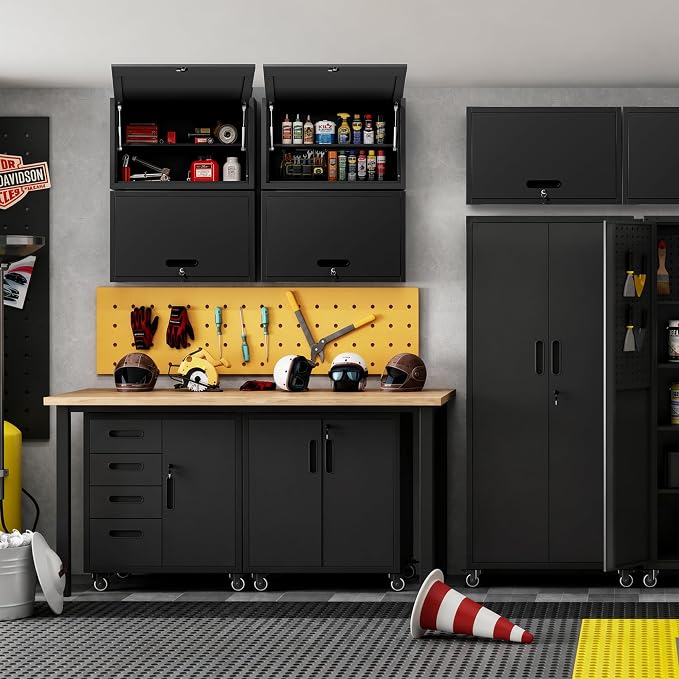 Metal Wall Cabinet with 1 Up-flip Door and 1 Adjustable Shelf | Black Heavy Duty Garage Wall Mounted Storage Cabinets,Tool Cabinets for Garage,Kitchen,Warehouse,Office,Assembly Required