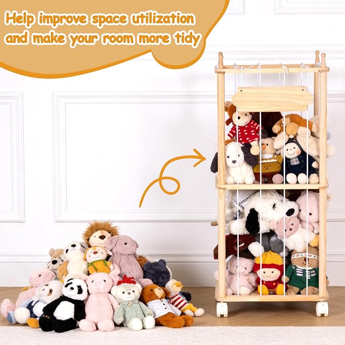 Small Stuffed Animal Storage with wheels for Playroom and Nursery | 36.6"H Small Stuffed Animal Organizer for Toddler Bedroom - Toy or Stuffed Animal Zoo Holder for Boys and Girls