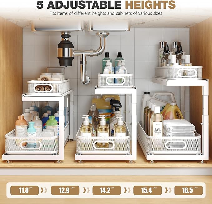 2-Pack 18.5 IN Depth Under Sink Organizer With Next-Gen Ball-Bearing Slides,Sophisticated Mesh 2-Tier Pull Out Shelf for Kitchen & Bathroom,Fits Small Items-White(Patented)