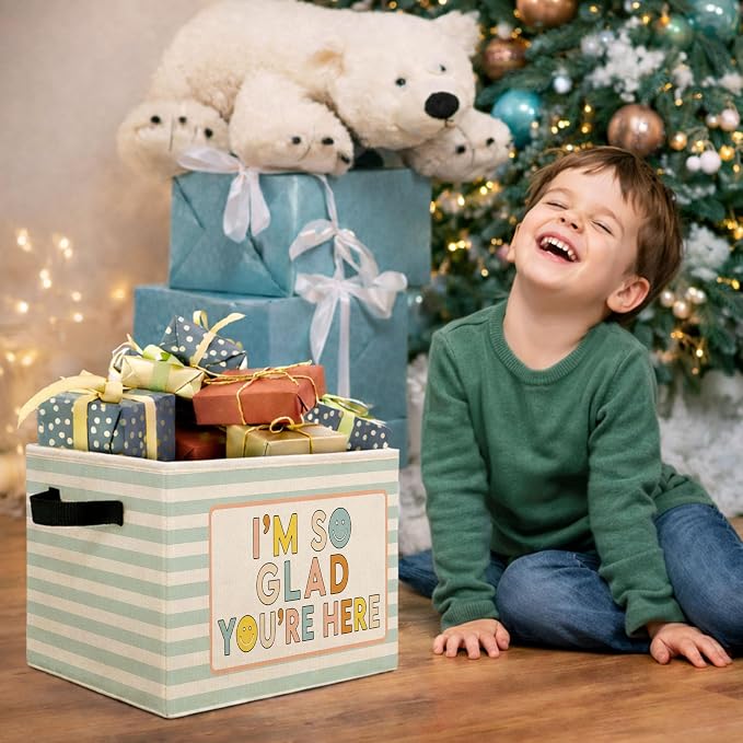 Welcome Storage Bin, Foldable Fabric Basket for Kids Room Classroom | Foldable fabric storage bin with welcome quote design for toys, books, clothes, nursery, classroom, and playroom use.