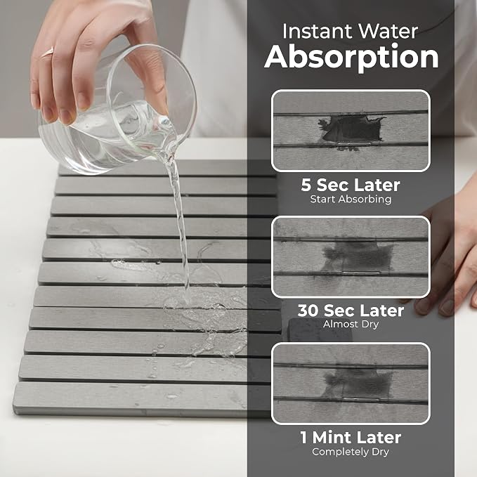 Large Stone Dish Drying Mat for Kitchen Counter,Natural Quick Dry Stone Dishes Mats,Foldable Water Absorbing Diatomaceous Earth Drying Organizer Pad for Kitchen Utensils(Light Gray 24"×16" & 8"x4")