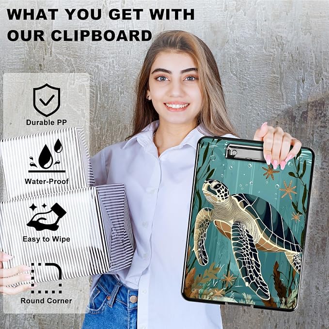 Heavy Duty Storage Clipboard, Slim Nursing Clipboard with Internal Pen Case, Portable File Organizer Case for A4 Letter Size Paper Office Medical Professionals, Retro Turtle Ocean