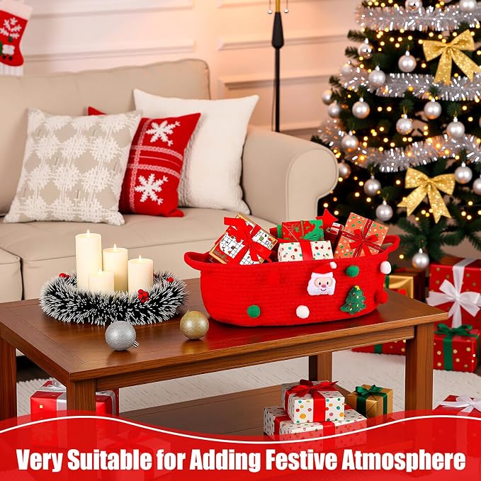 FoldTier 6 Pack Christmas Gift Basket Empty 15 x 9.9 x 5.1 Inch Santa Red Christmas Storage Bin with Handles, Woven Cotton Rope Basket for Gifts Holiday Treats Party Supplies, Home Xmas Decorations