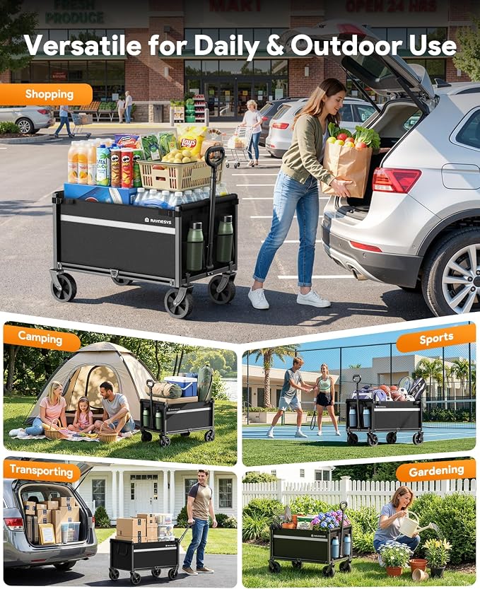 Collapsible Wagon Cart with Wheels, 220LBS for Grocery Shopping Camping | 110L Capacity Wagons Carts Foldable,220LBS Heavy Duty Wagon Carts, Lightweight Portable Utility Cart,All-Terrain Wheels
