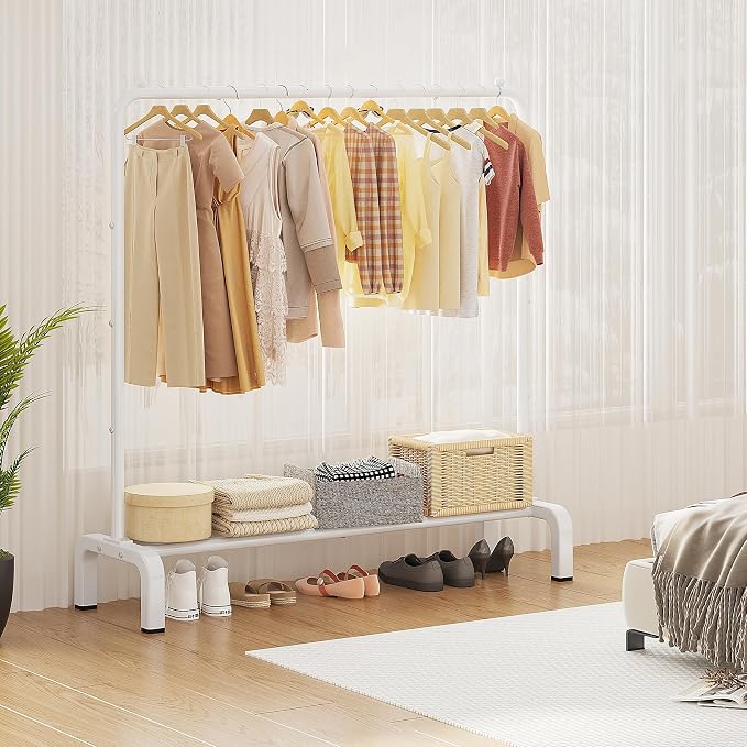 Metal Clothing Rack, 43.3 Inches Clothes Garment Coat Rack with Bottom Shelf for Hanging Skirts, Shirts, Sweaters, White | Metal 43.3 Inches Garment Rack Clothing Clothes Rack with Bottom Shelf for Hanging Clothes Coats Skirts Shirts Sweaters White