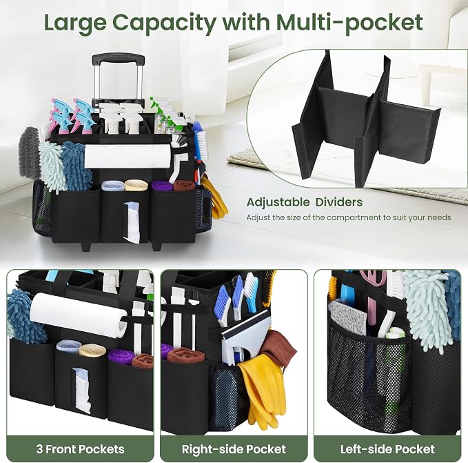 Large Rolling Cleaning Caddy with Detachable Trolley for Housekeeper | Large Capacity Cleaning Supply Organizer Bag with Wheels, Multiple Pockets, Water-resistant