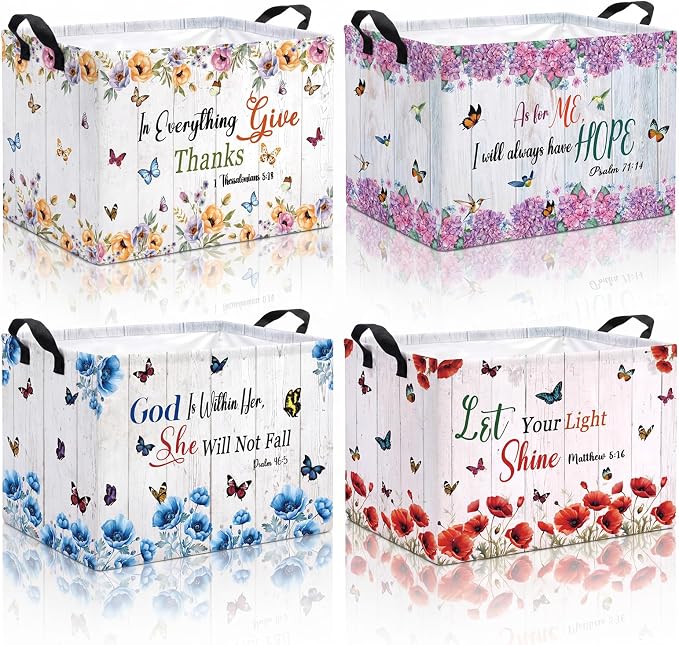 4 Pcs Christian Floral Storage Basket for Gifts Large Bible Verse Butterfly Floral Storage Bins with Handles 15 x 10 x 8 Fabric Inspirational Collapsible Organizer Boxes for Home Clothes Toys