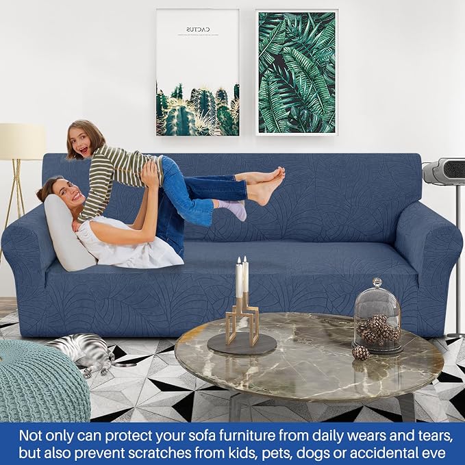 YEMYHOM Couch Cover Latest Jacquard Design High Stretch Extra Large Sofa Covers Pet Dog Cat Proof Oversized Slipcover Non Slip Magic Elastic Furniture Protector (X-Large, Begonia Leaf Navy)