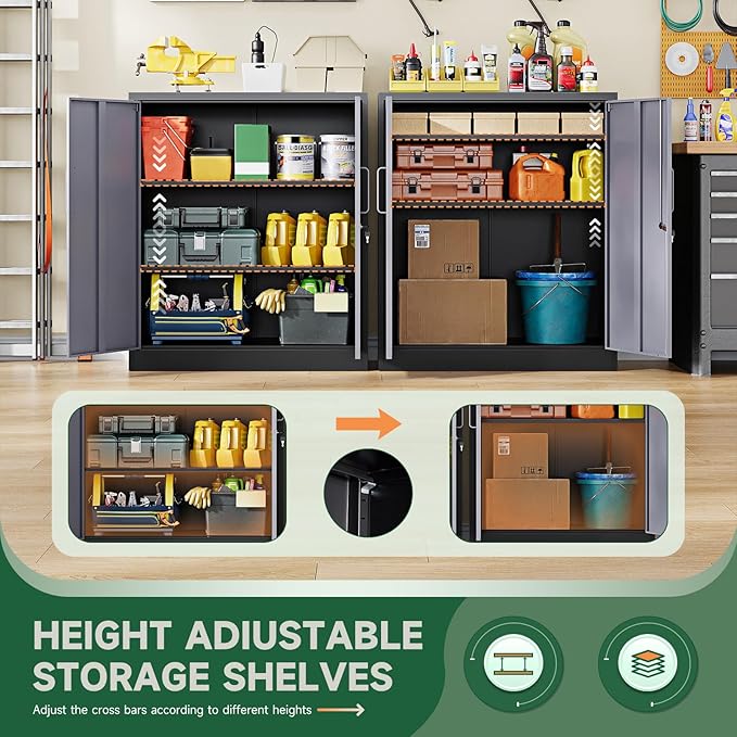 Metal Storage Cabinets with Lock Door and Shelves, Steel Garage Tool Cabinets for Home,Office, Warehouse,Lockers (36“-Black&Gray)