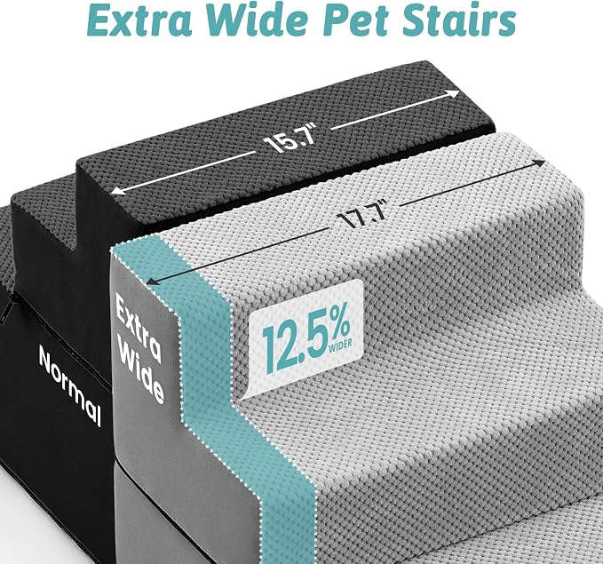 COZY KISS Dog Stairs for Small Dogs, 4 Step Pet Stairs for Beds & Couches | 17.7" H Extra Wide Non-Slip Dog Steps with Removable Tiers & Support Board for Puppies, Older Cats & Dogs, Grey