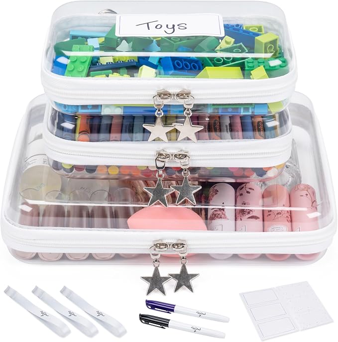 Clear Hard Shell Zipper Case Set (1Large + 2Small), 120s Thick PET Plastic Storage Bags, Dual Zipper Travel Organizer with Star Charms, Removable Strap, Removable Labels & 2 Markers