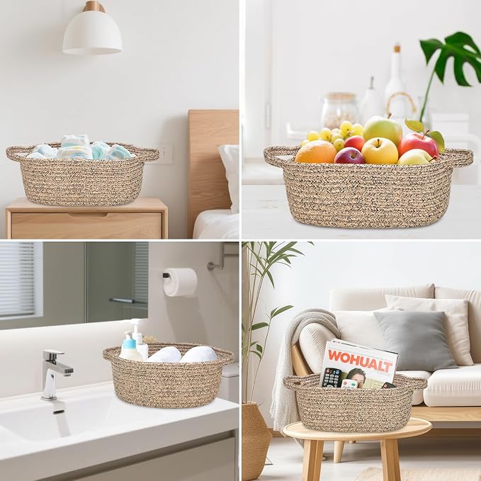 ABenkle Small Basket with Handles, Boho Decorative Rope Woven Dog Cat Toy Storage Bin Shelf Storage Organizer, Easter Christmas Gift Basket, 12"x8"x5"