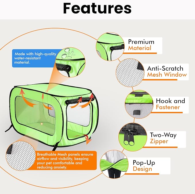 Portable Collapsible Pop Up Kennel, 40" L x 27" W x 27" H, Green | Collapsible indoor/outdoor travel cat and dog crate with mesh screen windows pops up and folds flat for easy storage