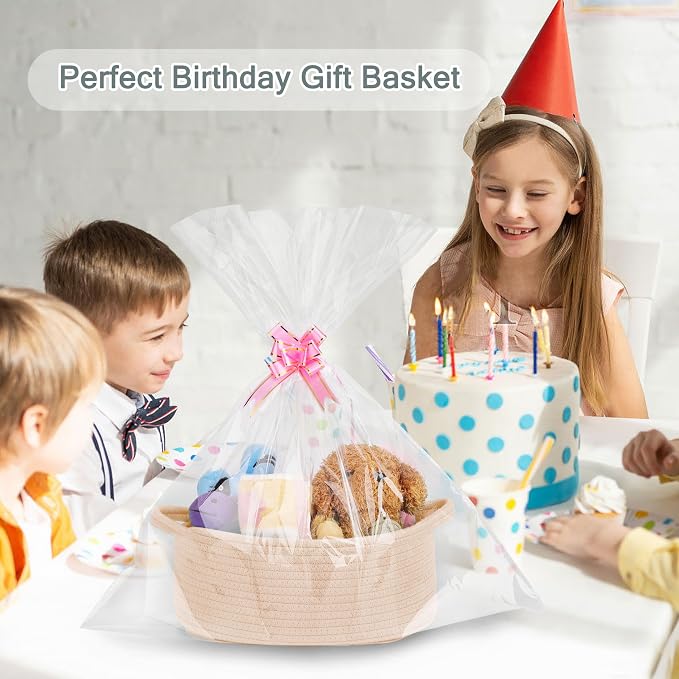 COMSE Small Woven Basket with Gift Bags and Ribbons, Gift Basket Empty, Cotton Rope Storage Organizer, Baby Toy Box with Handles, 12" x 8" x 5", Beige