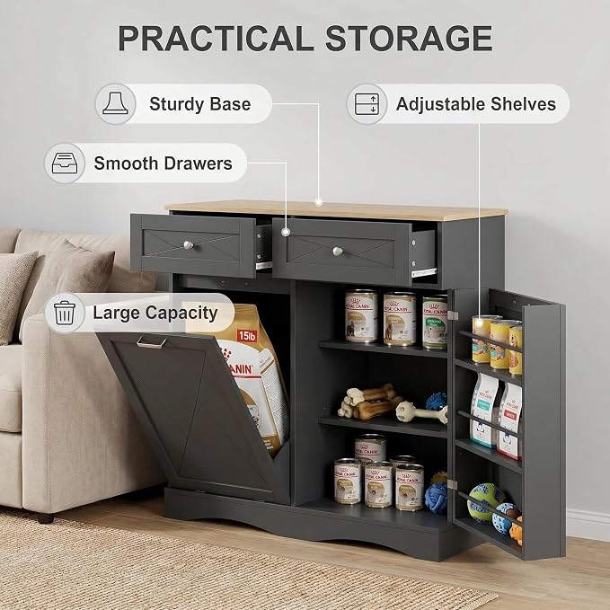 kepptory 37" High Dog Feeding Station with Storage Drawer, Pet Organizers and Storage Adjustable Shelf, Dog Feeder Station, Pet Storage Cabinet for Cats and Dogs (Black)