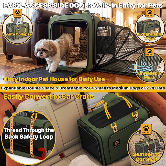 PAWZIDEA Expandable Large Pet Carrier with Wheels, 24x16x16 in Rolling Cat Carrier for 2–4 Cats up 55lb, Soft-Sided Collapsible Small Medium Dog Crate for Car Travel, Telescopic Handle, Storage Pocket