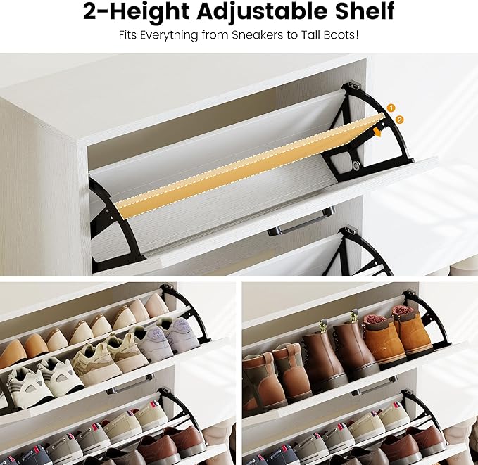 Homeiju Shoe Storage Cabinet Organizer with 2 Flip Drawers, Freestanding Narrow Shoe Rack for Entryway, Shoe Bench, Wall Ledge Shelf, Coat Hooks & Anti-Tip Safety for Kids & Pets – White