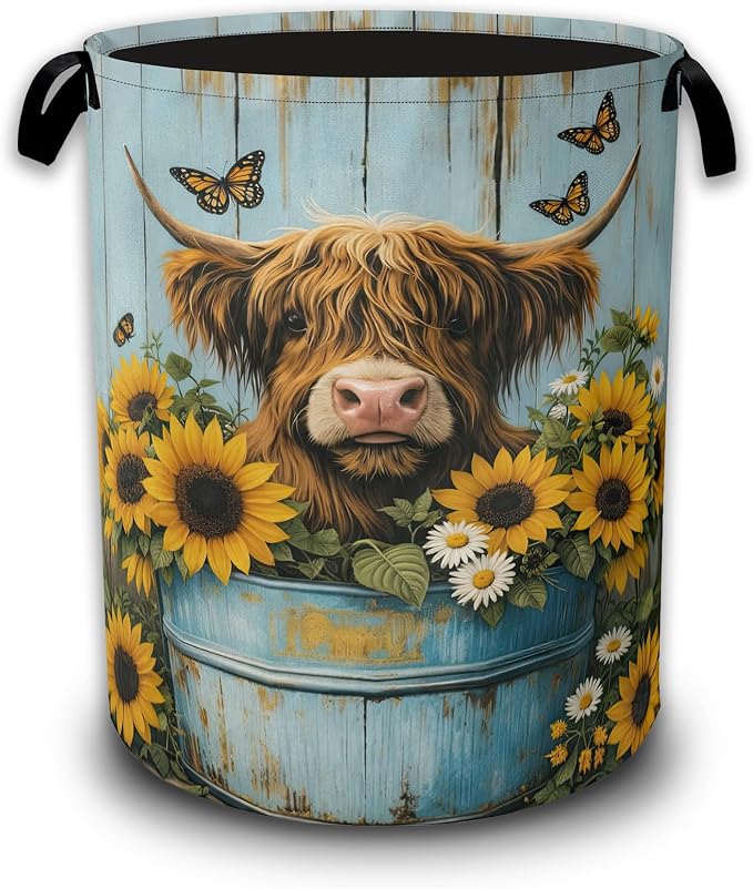 Highland Cow Laundry Hamper,Cow Sunflower Wood Laundry Baskets,Waterproof Oxford Cloth Toy Storage for Bedroom,Bathroom,Nursery,16x20.8 Inch