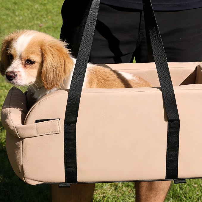 Center Console Dog Car Seat for Pets Up to 9 lb, Light Khaki | Water-resistant faux leather; 16.41 x 7.87 x 8.66 in; pets up to 11 in long. Measure your console before purchase.
