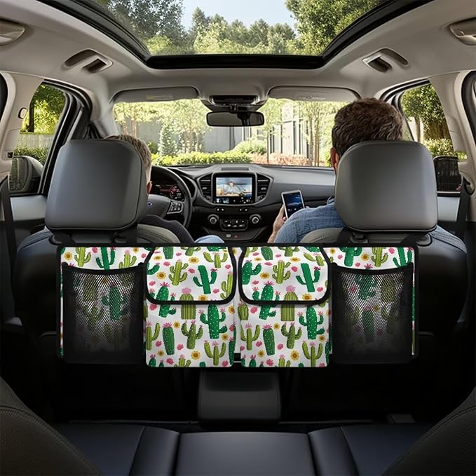 Dreaweet Green Cactus Print Trunk Organizer for Car Collapsible Car Organizers and Storage with 4 Pockets Hanging Back Seat Organizer Car Storage Accessories Interior for Women