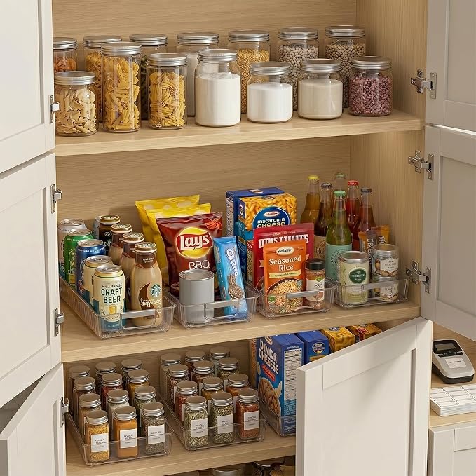 2 Pack Profile Fridge Organizer Bins with Wheels, 2.3'' Low Clear PET Roll Out Refrigerator Trays with 4 Dividers for Soda Cans, Drinks, Snacks and Pantry