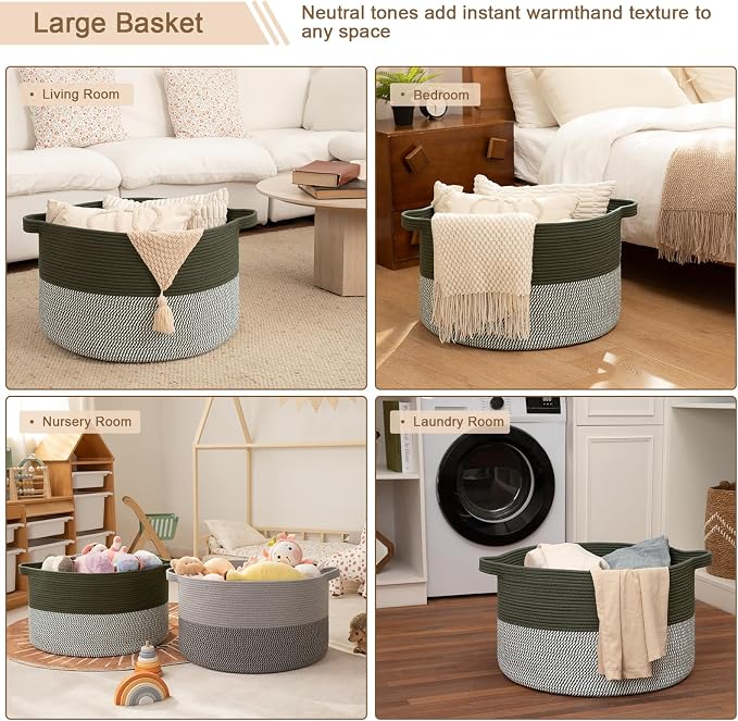 OIAHOMY 90L XXXLarge Blanket Basket for Living Room, 21.7" x 13.8" Woven Cotton Rope Laundry Basket for Organizing Pillows, Decorative Stuffed Animal Toy Storage for Nursery, Green and Grey