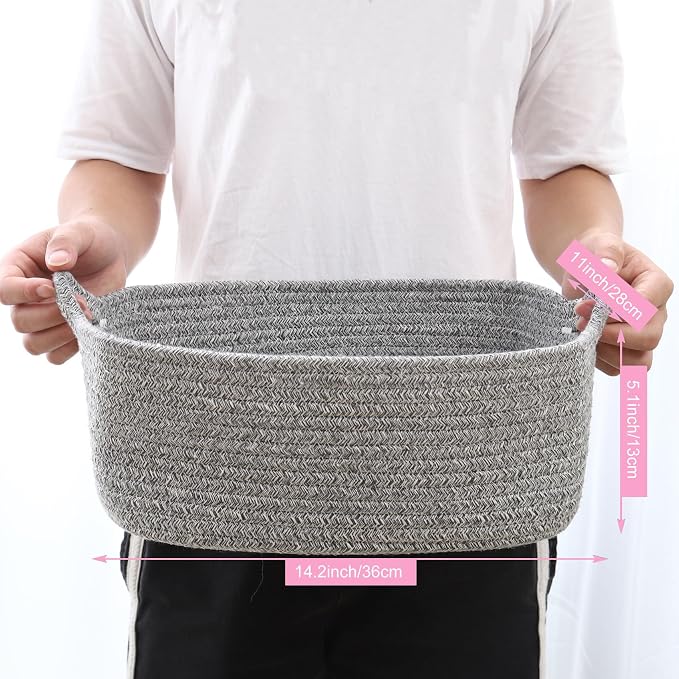 ABenkle Small Storage Basket with Handles, Cotton Rope Woven Dog Cat Toy Bin, Decorative Shelves Closet Organizing for Nursery Laundry Bedroom Bathroom, 14.2''x 11''x 5.1''