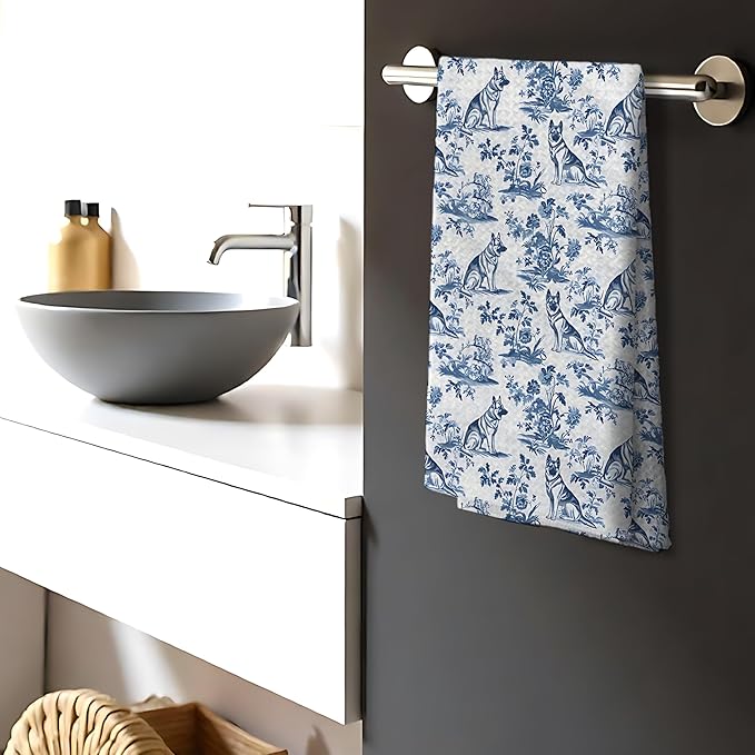Chinoiserie German Shepherd Kitchen Towels, Blue and White Floral Botanical Grandmillennial Dog Decor Dish Tea Towels, German Shepherd Gifts Hand Towels for Kitchen Bathroom, 16x24 Inch