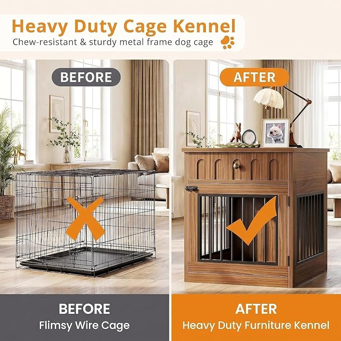 IRONCK 25.6" Wooden Dog Crate Furniture with Storage for Small Dogs | Drawer and flip top keep pet supplies tidy. Reinforced steel frame. Walnut finish for living rooms and hallways.