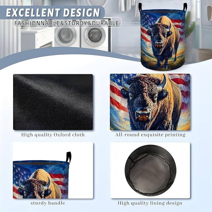 Patriotic Bison Laundry Basket, Wild Animal American Flag Storage Hamper, Round Collapsible Waterproof Cloth Bin, 19.7x15.7 Inch Rustic Clothes Organizer Gifts for Bathroom Decor