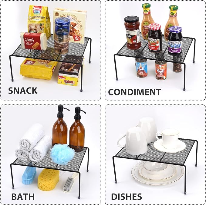 SIBAO Set of 4 Mesh Kitchen Shelves Cabinet Storage Shelf Rack (13.1 x 10.2 Inch) ，Kitchen Bathroom Pantry Cupboard Desk Home Office, Fridge, Non-Slip Plastic Feet (4, Black)