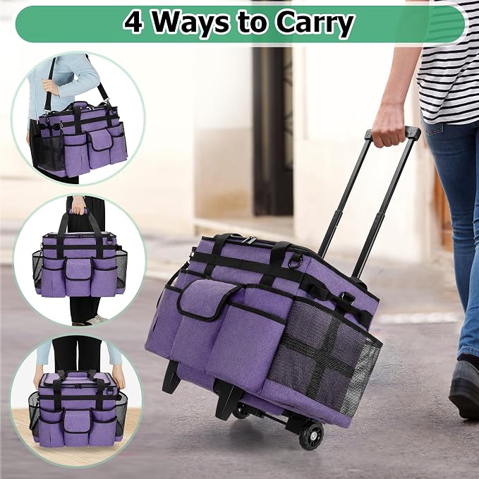 LoDrid Rolling Cleaning Caddy with Lid and Detachable Trolley, Purple | Cleaning Supplies Organizer, Cleaning Caddy Cart on Wheels with Handle and Shoulder Strap for Housekeepers